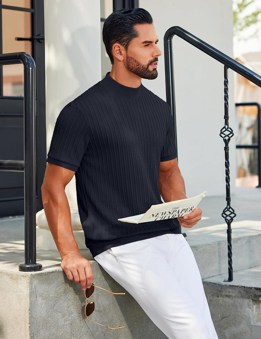 Men'S Mock Turtleneck Sweater Short Sleeve Casual Knit Tee Slim Fit Cable Ribbed Texture Pullover Tops