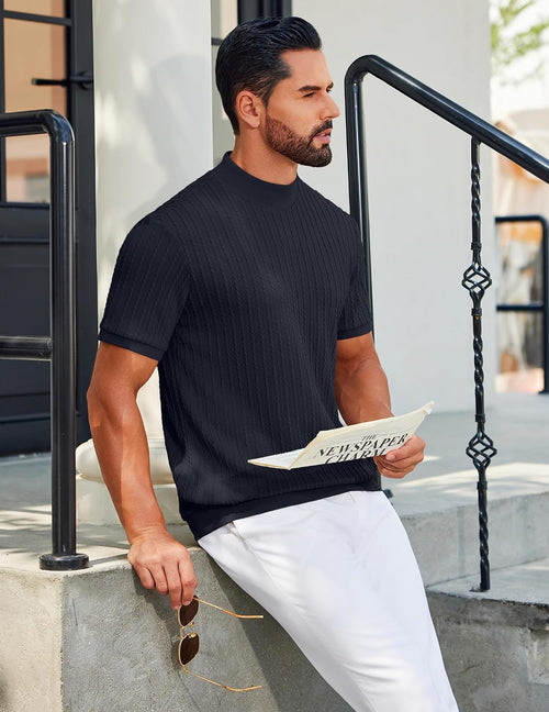 Men'S Mock Turtleneck Sweater Short Sleeve Casual Knit Tee Slim Fit Cable Ribbed Texture Pullover Tops