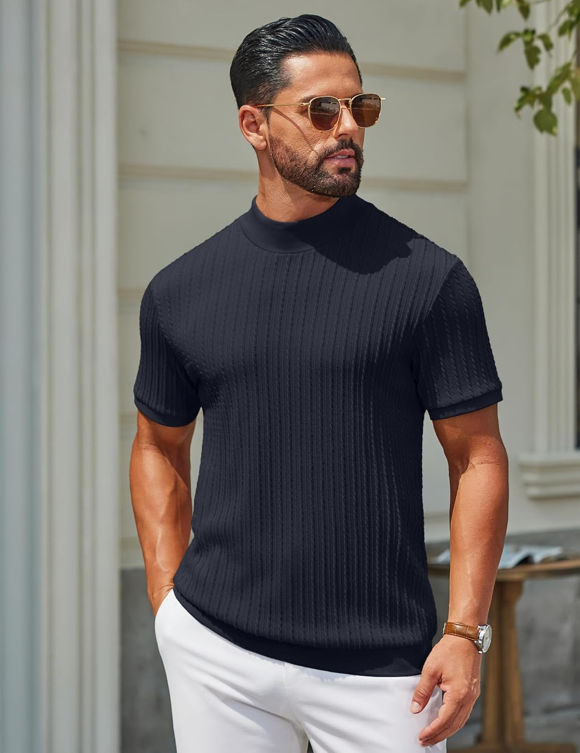 Men'S Mock Turtleneck Sweater Short Sleeve Casual Knit Tee Slim Fit Cable Ribbed Texture Pullover Tops