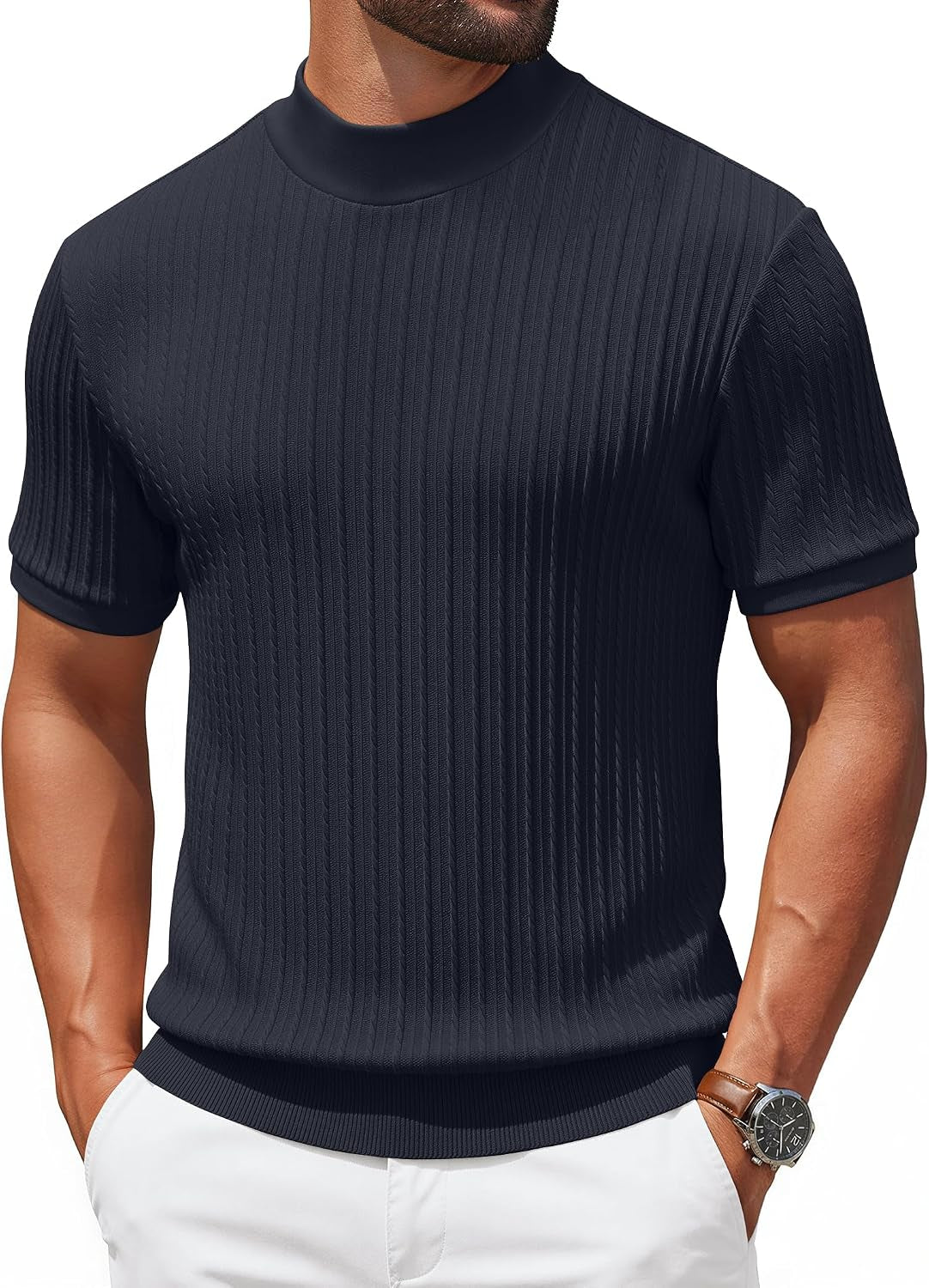 Men'S Mock Turtleneck Sweater Short Sleeve Casual Knit Tee Slim Fit Cable Ribbed Texture Pullover Tops