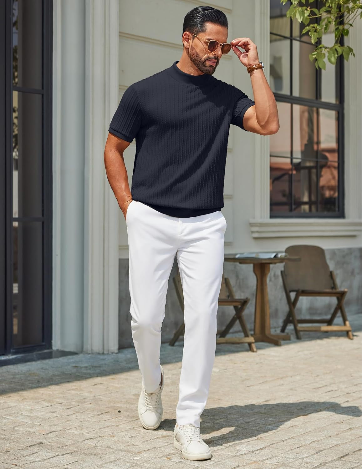 Men'S Mock Turtleneck Sweater Short Sleeve Casual Knit Tee Slim Fit Cable Ribbed Texture Pullover Tops