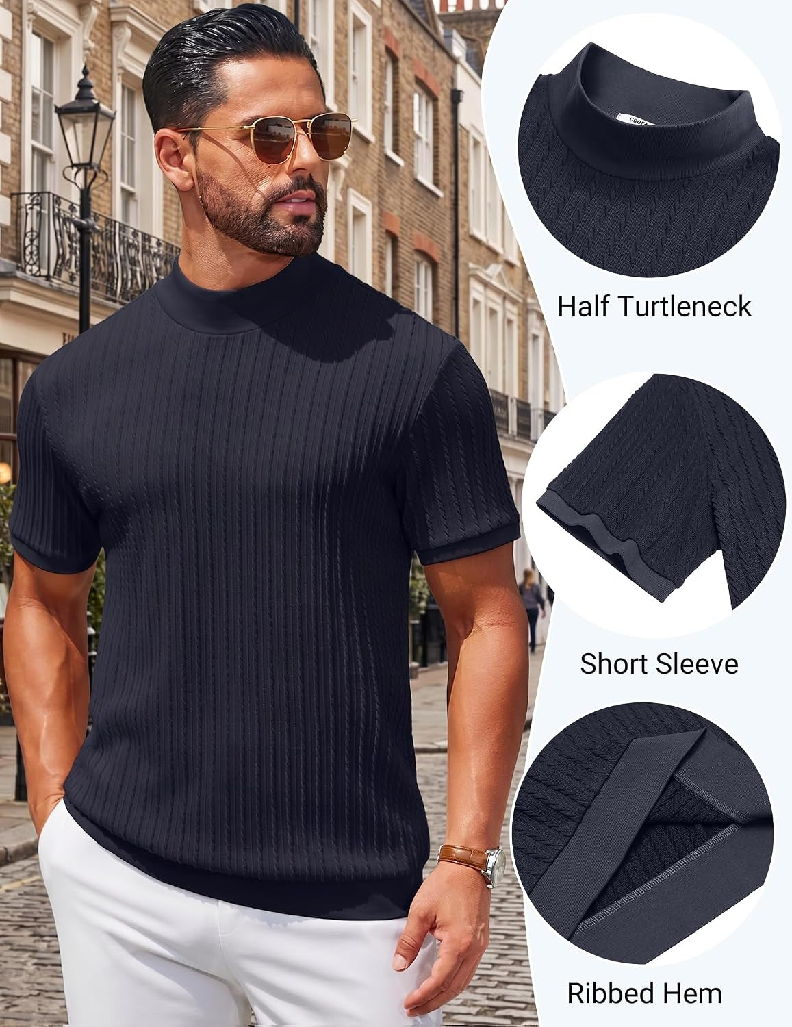 Men'S Mock Turtleneck Sweater Short Sleeve Casual Knit Tee Slim Fit Cable Ribbed Texture Pullover Tops