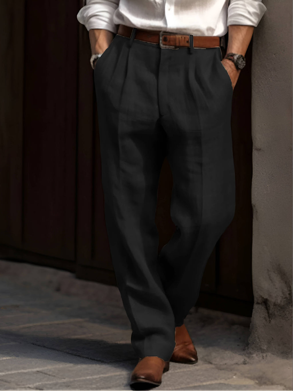 Trousers Men’S Linen Blend Pleated Tailored Fit Spring