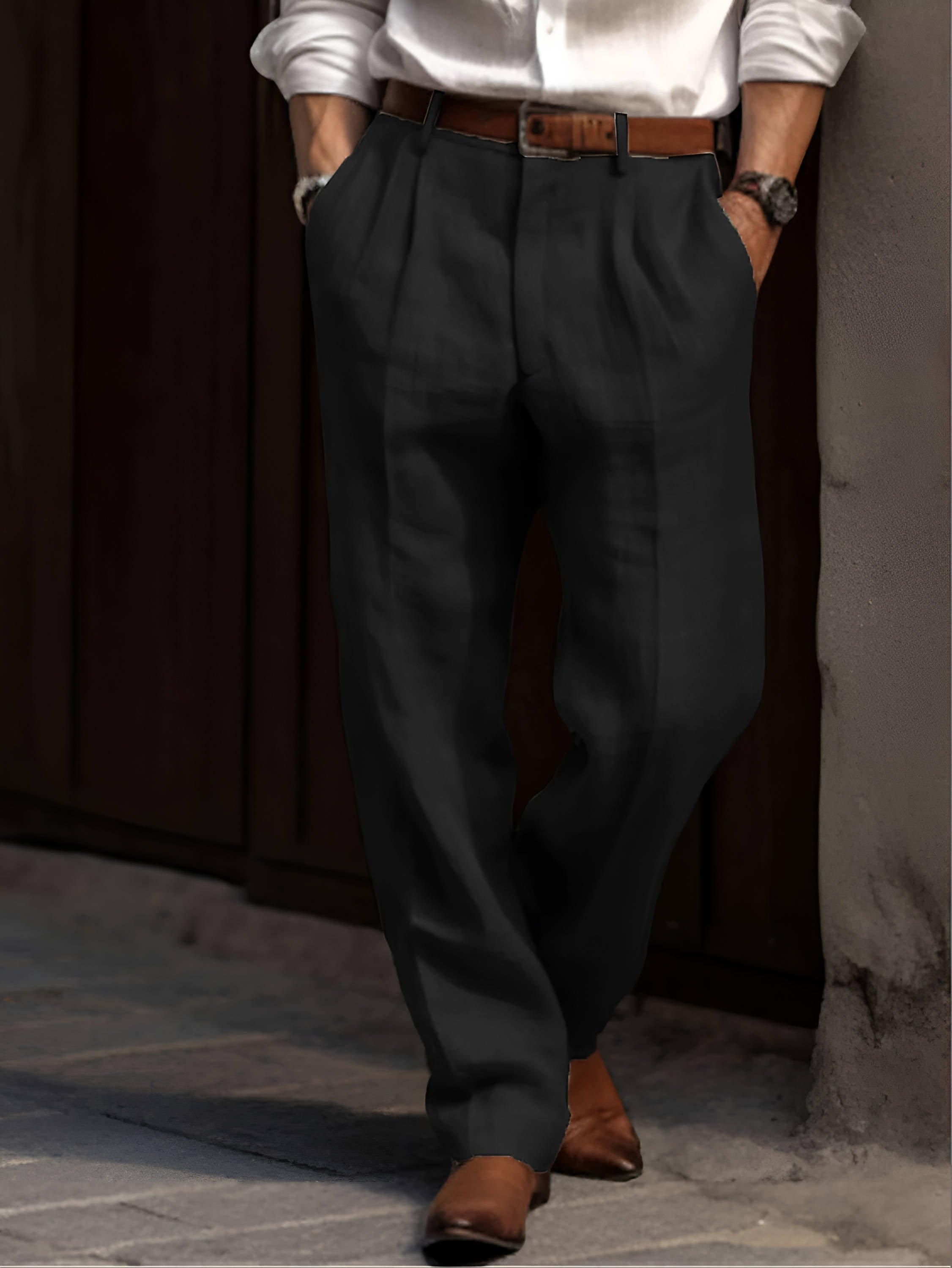 Trousers Men’S Linen Blend Pleated Tailored Fit Spring