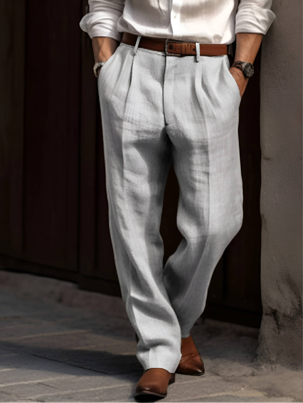Trousers Men’S Linen Blend Pleated Tailored Fit Spring