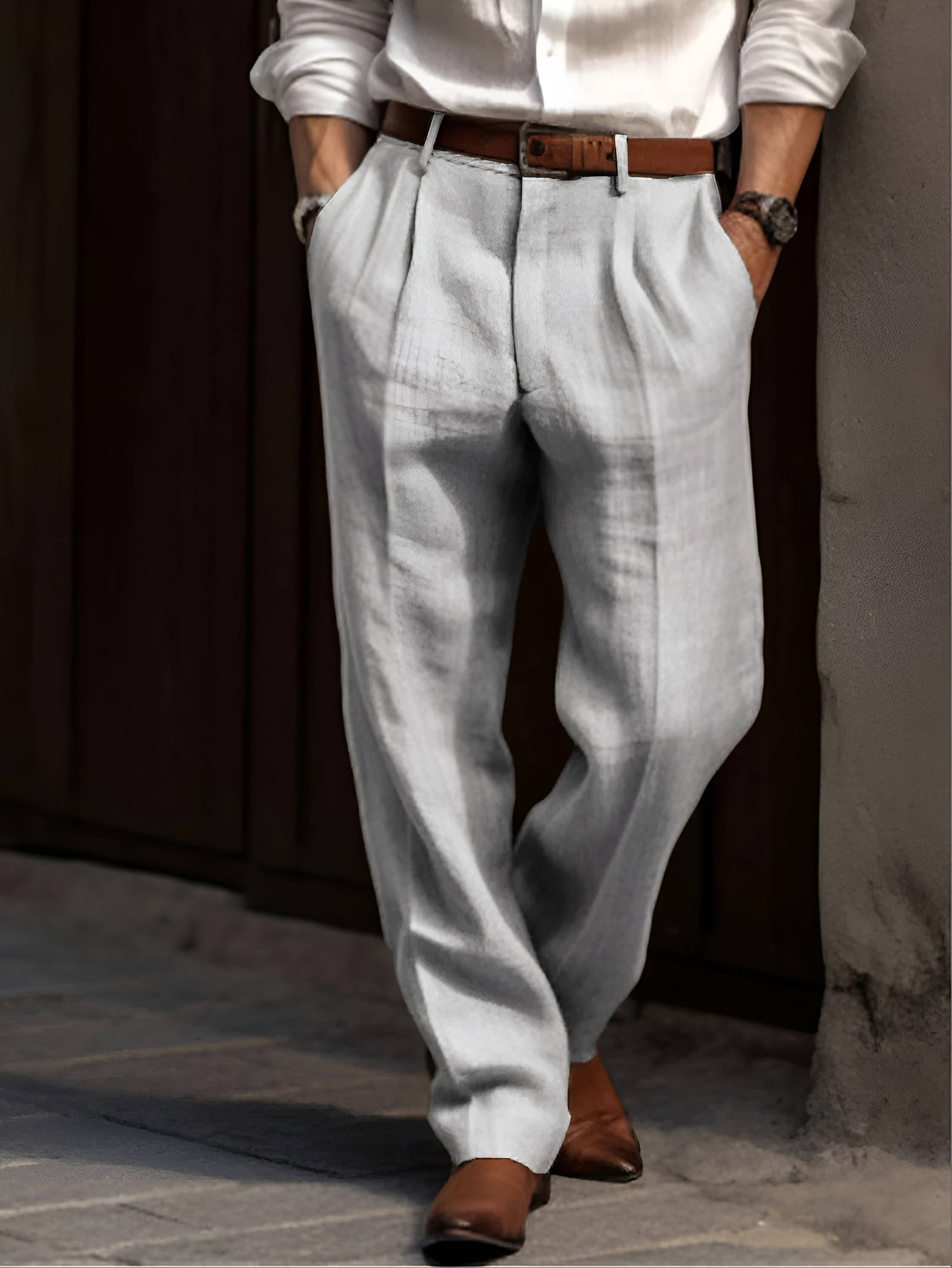Trousers Men’S Linen Blend Pleated Tailored Fit Spring