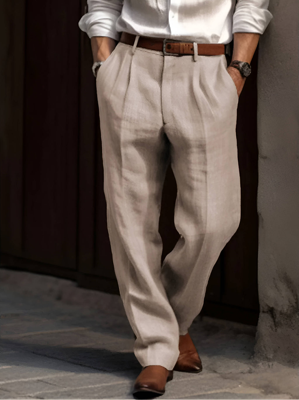 Trousers Men’S Linen Blend Pleated Tailored Fit Spring