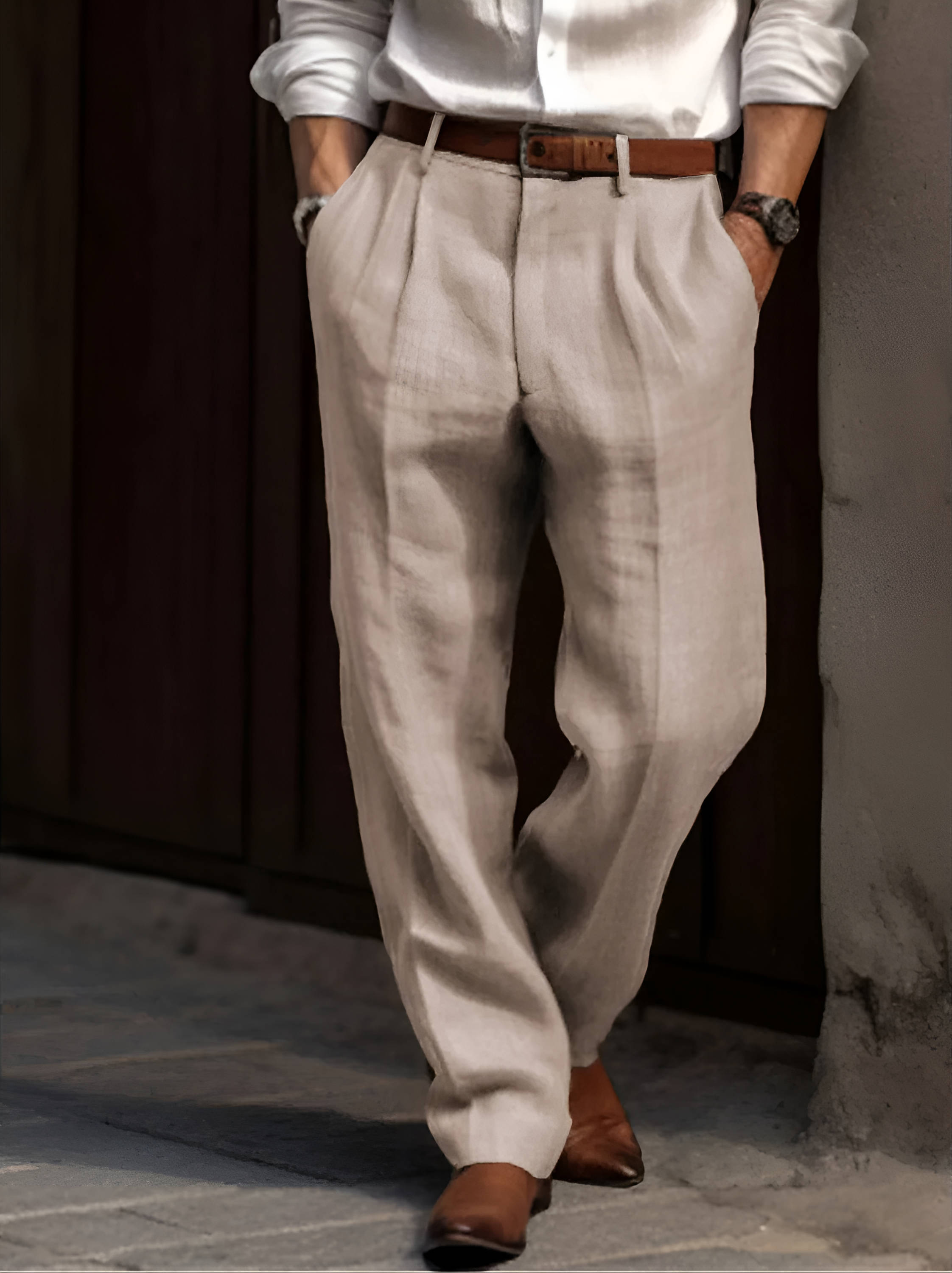 Trousers Men’S Linen Blend Pleated Tailored Fit Spring